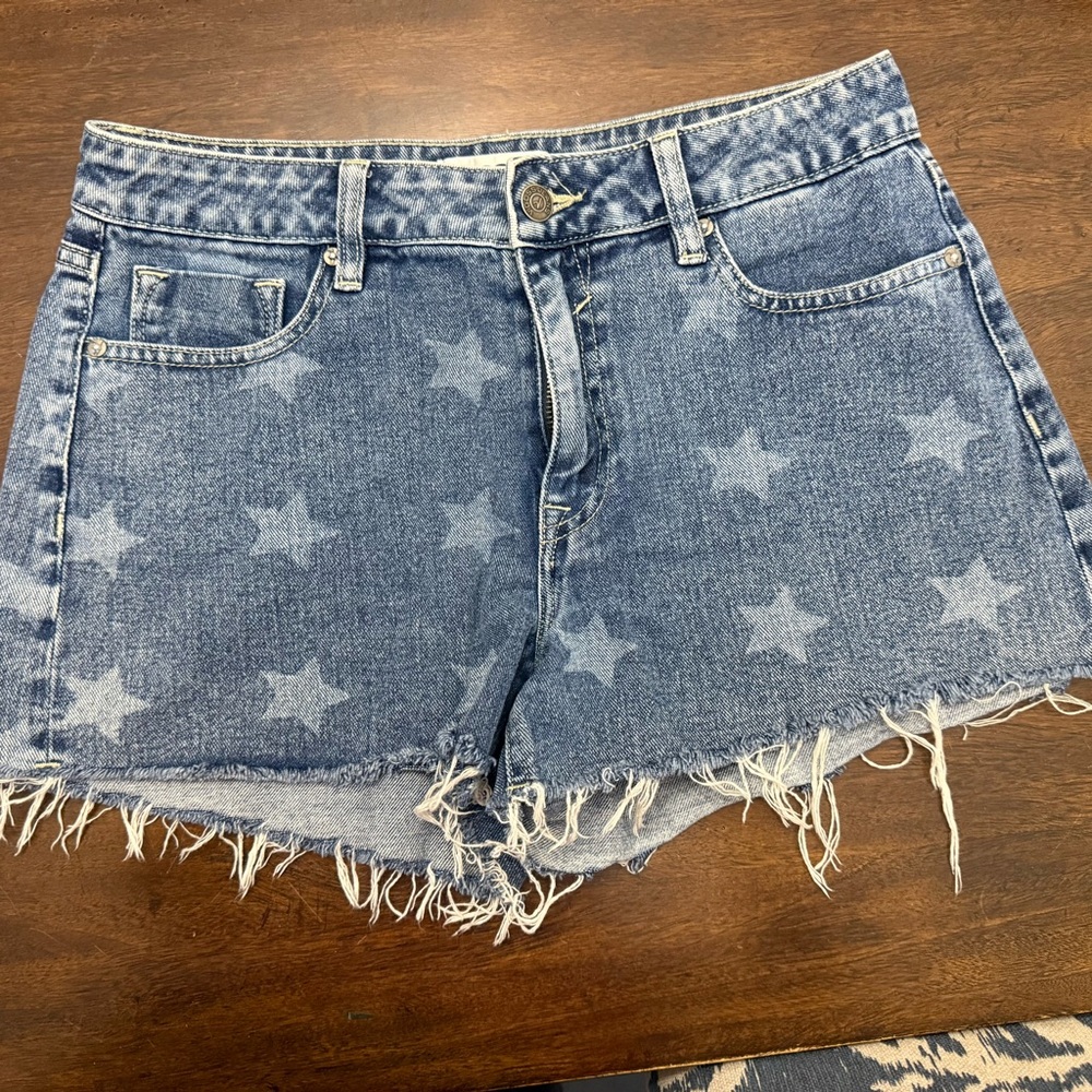 Vigoss Star Print High Rise Denim Shorts Ace Indigo Medium Wash Size 28